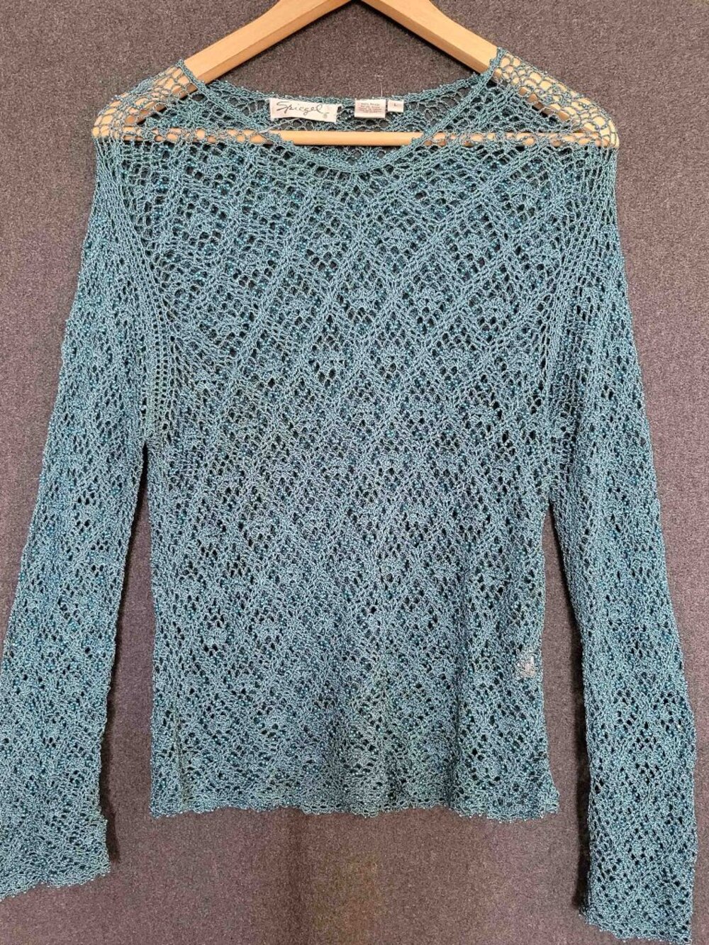 Spiegel Rayon Open Knit Crochet Sweater Diamond Pointelle Beaded Teal Blue Y2K L